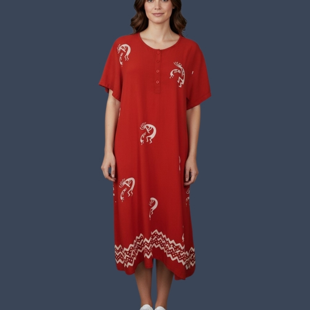 Vtg DESERT JEMS 1980s Tomato Red Southwestern Kokopelli Shirt Dress